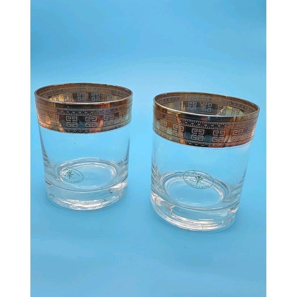 J Preziosi Gold Rimmed Low Ball Glasses Made‎ In Italy Whiskey Old Fashioned
